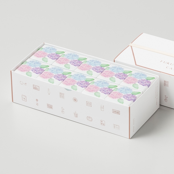 ”下がり藤 断捨離中”【限定紙ジャケ1枚、DU特典BOX付】スパークス 福砂屋 ［父の日］ フクサヤキューブギフトセット10個入（あじさい